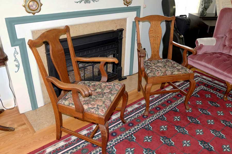 photo of 1087 Armchair, purchased by Cass Gilbert for the 1905 Minnesota State Capitol, carved wood with fabric cushion seat cover, pair located in South St, Paul, Minnesota