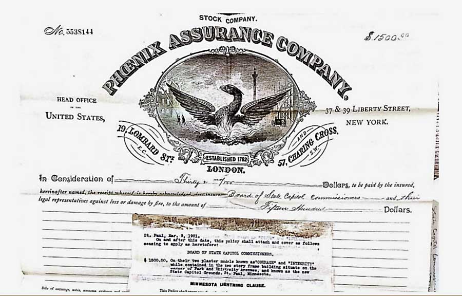 photo scan of Phoenix Assurance Company document, insuring the plaster models “COURAGE” and “INTEGRITY” for $1,500, 1901.