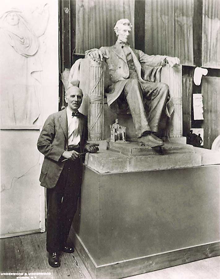 vintage photo of artist Daniel Chester French standing next to his sculpture of Lincoln designed for Lincoln Memorial in Washington, DC